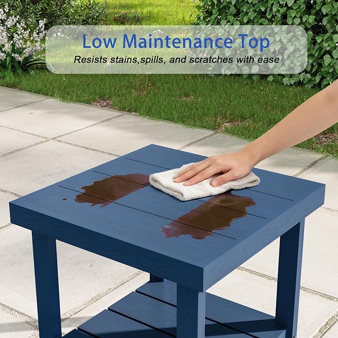 2-Tier HDPE Outdoor Square Side Table, Heavy-Duty Patio Side Table with Storage Shelf, Weather-Resistant Adirondack End Tables for Backyard, Pool, Porch, Garden, Lawn, Navy Blue