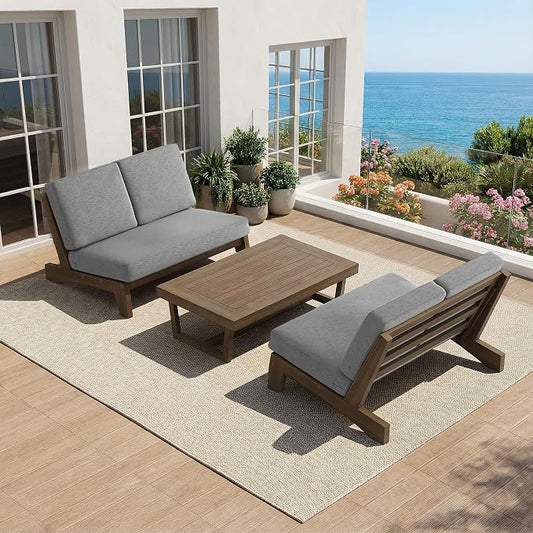 All Weather Wood Patio Furniture Sets, 3 Pieces Patio Loveseat Sofa Outdoor Sectional Futniture Backyard Conversation Set with Solid Wooden Coffee Table - Grey