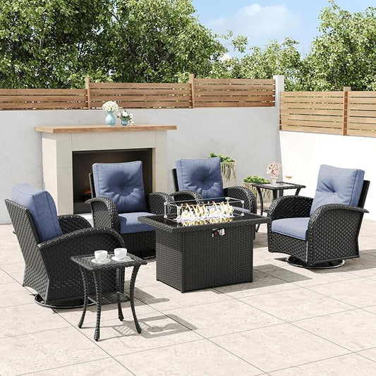 7 Pieces Outdoor Wicker Patio Swivel Rocking Chairs, All Weather Wicker Conversation Set with 44" Fire Pit Table