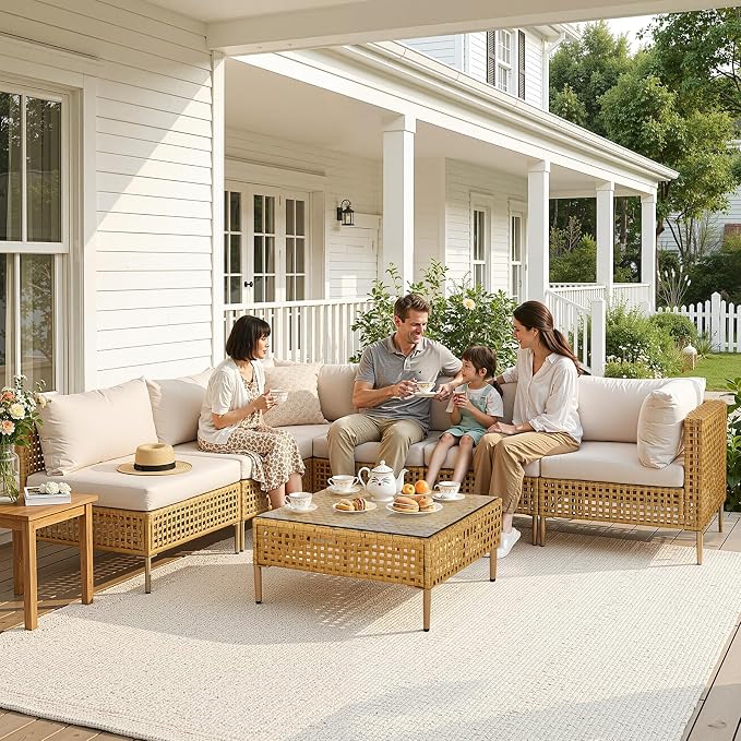 VINGLI 7 Piece Patio Sectional Furniture Set, Wicker Outdoor Furniture with Thick Cushions and Coffee Table, Outdoor Couch Conversation Sets for Garden, Backyard, Pool