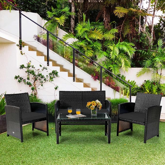 Tangkula 4 Pieces Rattan Furniture Set, Outdoor Conversation Set w/Chair & Loveseat & Tempered Glass Coffee Table, Suitable for Garden, Backyard, Poolside, Patio Furniture Set for 4 (2, Black)
