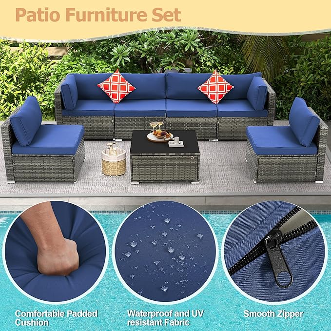 HOMREST 7 Piece Outdoor Patio Furniture, Hand Woven PE Rattan Patio Conversation Sets, Outdoor Sectional Set with Storage Table, Cushions and Pillows, Lift Sofa for Garden, Balcony, Lawn (Navy Blue)