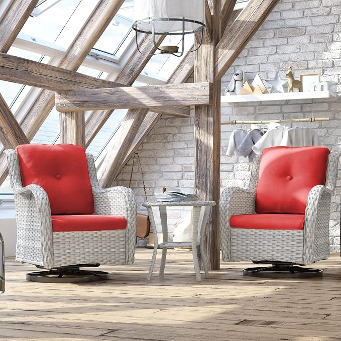 Joyside Outdoor Rocker Swivel Patio Chairs Set of 4 with 2 Matching Side Tables - 6 Pieces Patio Wicker Conversation Set with Premium & Soft Fabric Cushions(Light Grey/Red)