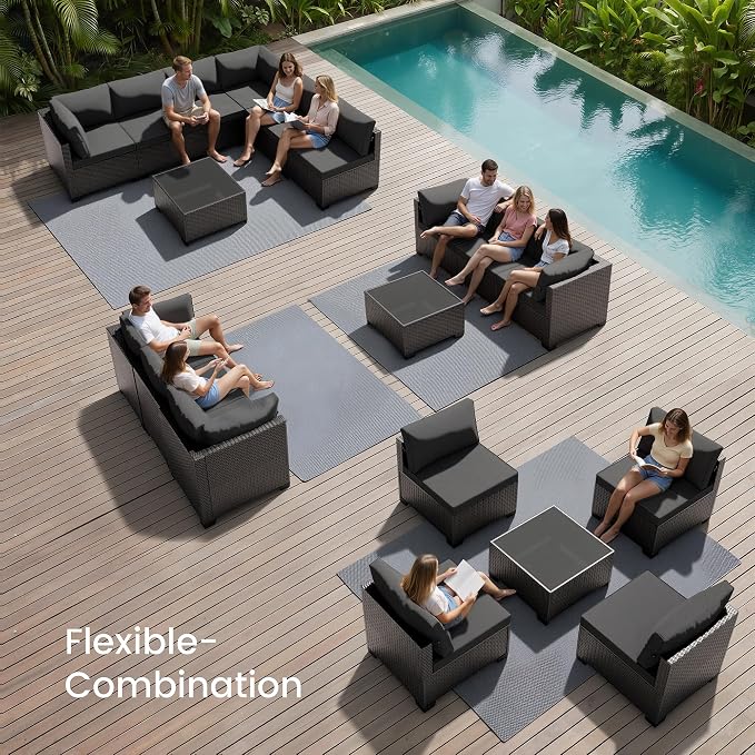 Patio Furniture Set - All-Weather - 7 Piece Patio Outdoor Conversation Set, Modular Wicker Rattan Sectional Sofa for Backyard, Garden, Poolside, Balcony, Porch, Patio,Black/Dark Gary
