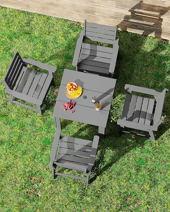 GREENVINES 5-Piece-Outdoor-Dining-Set | HDPE | Square | Patio Furniture | Table and Chairs Sets for 4 | All Weather | Umbrella Hole | for Backyard Poolside Garden | QuadraLuxe | Grey