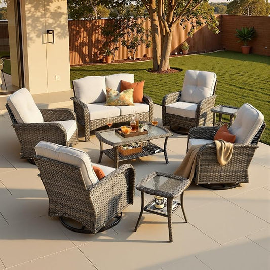 8-Piece Patio Furniture Set, Outdoor Wicker Furniture with Coffee Table, High Back Swivel Rocker Patio Chairs, Modern Rattan Outdoor Chairs Conversation Set for Porch, Balcony, Garden, Grey