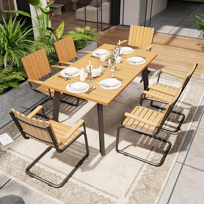 7 Piece Outdoor Conversation Set for 6, HDPE Patio Seating Set with Table and Chairs, All-Weather Outdoor Lounge Furniture with Umbrella Hole for Garden, Porch, Poolside, Gray & Teak