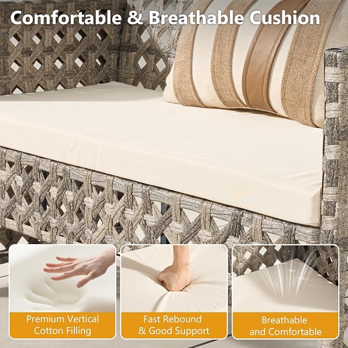 HOOOWOOO 4 Pieces Patio Furniture Set,PE Wicker Outdoor Conversation Sets,Weather Resistant Loveseat with High Back Chairs Table for Porch Balcony Yard Deck,Beige