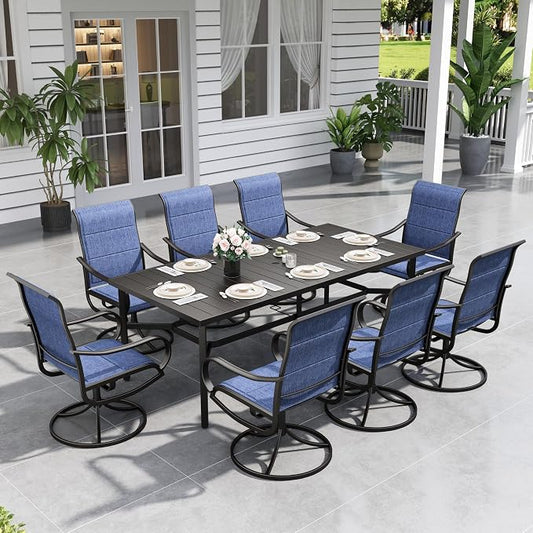 Sophia & William Patio Dining Set for 8 w/Metal Table & Blue Swivel Chairs | High-back & Padded, Rectangle, Umbrella Hole, Durable Material, Ergonomic design, Weather-resistant, Outdoor backyard deck