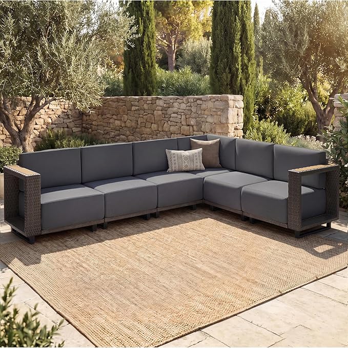 LazySunsets Patio Furniture Set, 6 Pieces Wicker Outdoor Sectional Sofa with 10'' Ultra-Thick Cushions & Ottomans, All-Weather Rattan Conversation Set for Backyard Poolside, Brown/Dark Gray