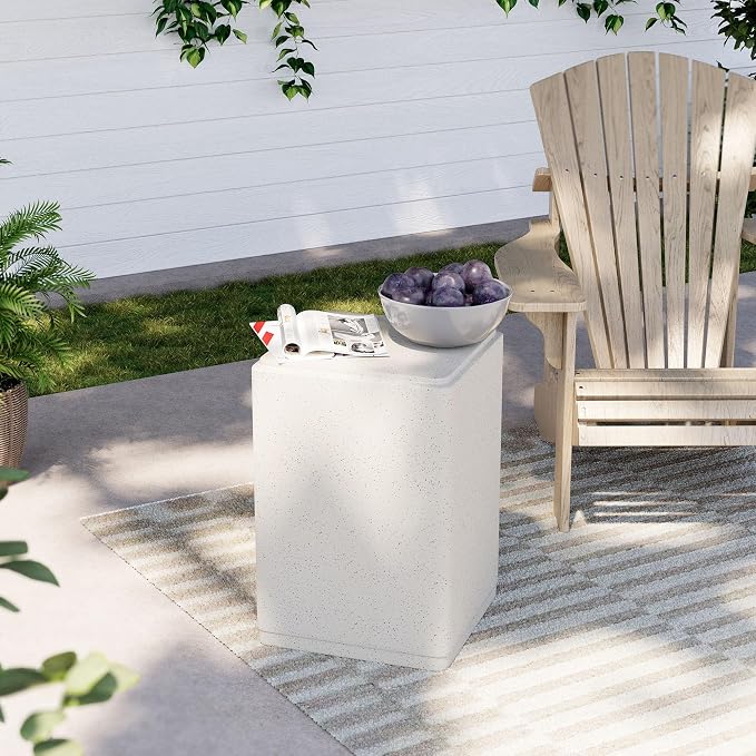 COSIEST 20" Outdoor Side Table, Weather-Resistant Square Concrete End Table for Patio,Durable Small Outside Tables Accent Stool for Garden, Porch, Deck, Balcony & Beach，Speckled White