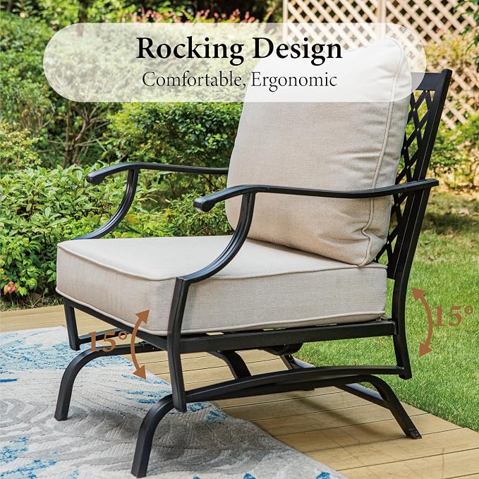 MIXPATIO Patio Furniture Set with Firepit Table, 4 Pcs Metal Outdoor Conversation Set, 2 Rocking Chairs and 3 Seater Sofa with 5.75" Extra Thick Cushion and Gas Fire pit Table for Backyard Deck, Beige