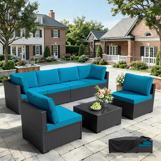 WWR Patio Furniture Set 7 Piece - All-Weather - Wicker Rattan Patio Outdoor Conversation Set, Modular Sectional Sofa for Backyard, Garden, Poolside, Balcony, Porch, Patio, Black/Peacock Blue