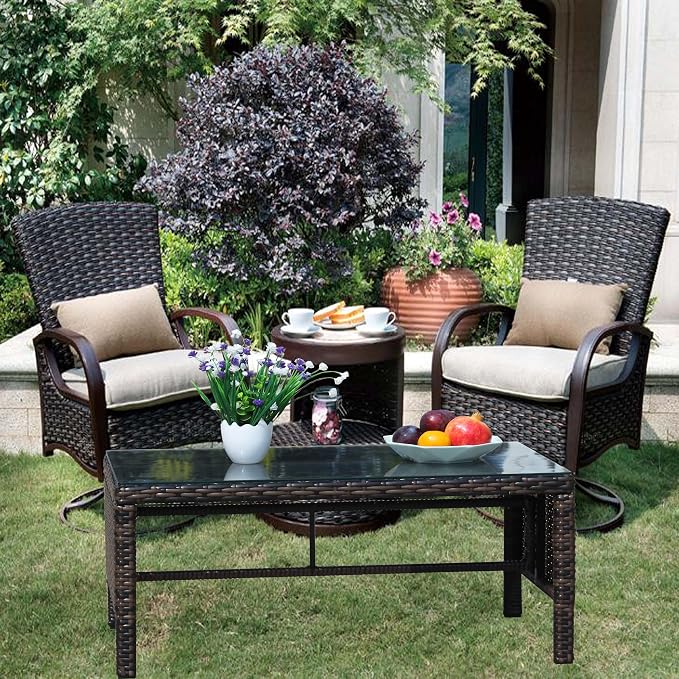 Rattan Wicker Side Table Glass Coffee Table for Outdoor Backyard Lawn Balcony Pool RectangleTempered Glass Top Wicker Rattan End Table Furniture with Storage (Brown3)