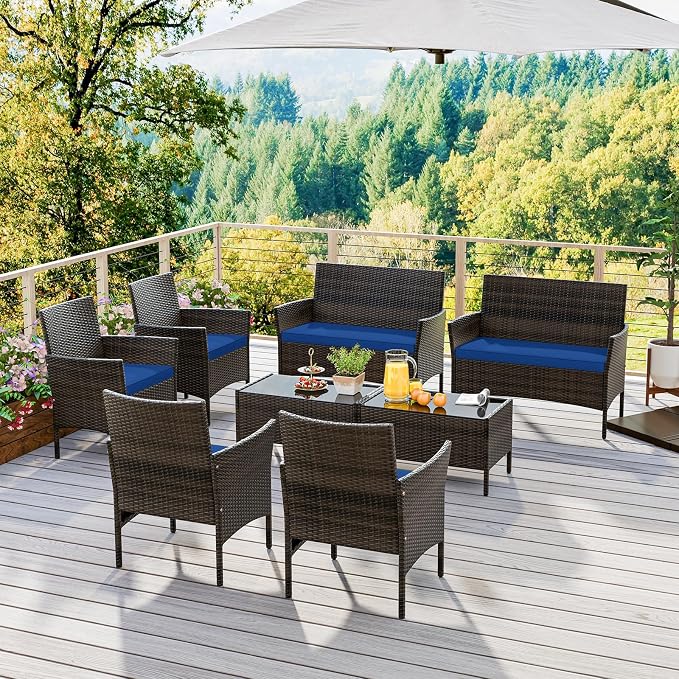 HAPPYGRILL 8 Pieces Outdoor Rattan Conversation Set, Patio Wicker Furniture Set with Loveseat Chairs & Tempered Glass Coffee Table, Outside Sectional Sofa Set for Backyard, Garden Poolside