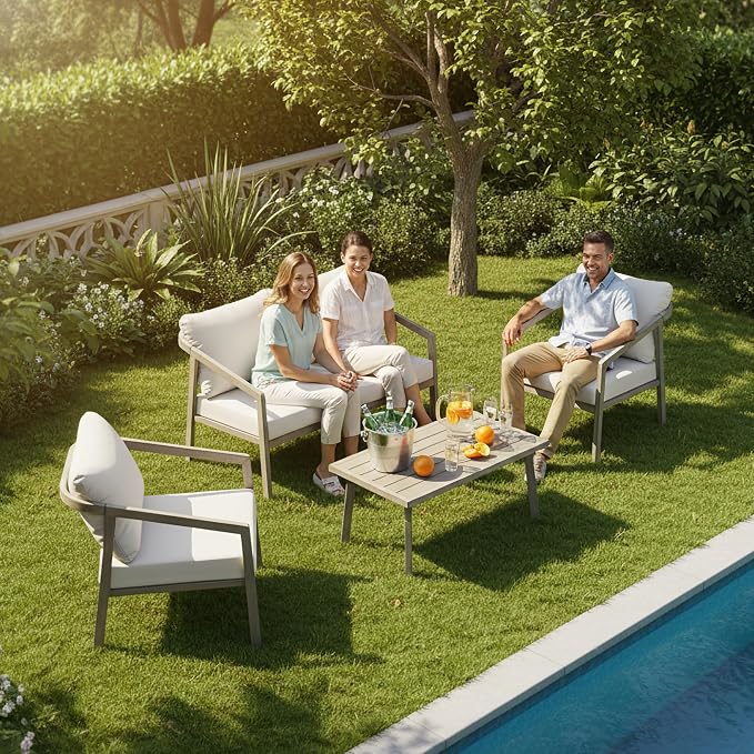 Outdoor Patio Loveseat Sofa, Aluminum 2-Seater Conversation Set with Washable Thick Cushions, Never-Rust Modern Garden Couch Bench for Porch, Poolside, Backyard (Grey+Beige)