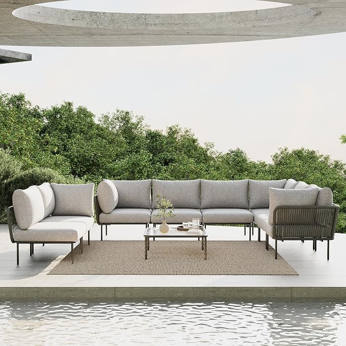 9 Piece Modern Outdoor Rope Wicker Sectional Patio L-Shaped Conversation Sofa Set Deep Seating with Thick Cushions