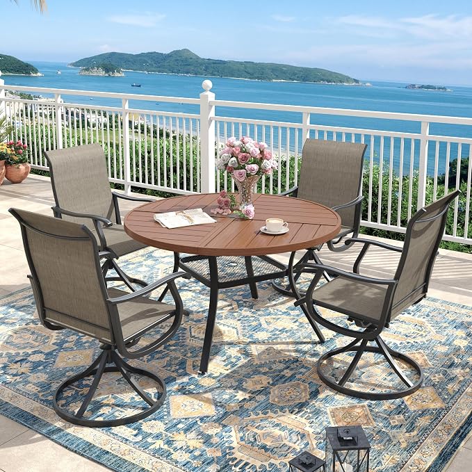 40.6" Outdoor Dining Table with Adjustable Umbrella Hole, Metal Slatted Round Patio Dining Table for Backyard Garden Deck, Walnut