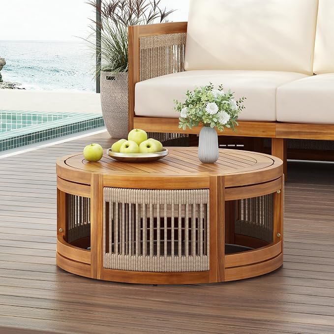 Merax 27.95" Acacia Wood Outdoor Coffee Table,Handwoven Rope Accent Boho Patio Table with All-Weather Durability,Teak