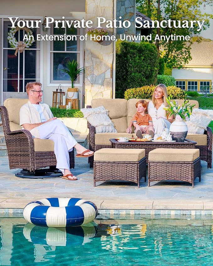 HILLGA 6-Piece Luxury Patio Furniture Set with 6" Thick Cushions, Weather-Resistant Wicker High Back Swivel Rocker Chairs, Senior-Friendly Outdoor Loveseat Set for Deck, Yard and Poolside, Beige(V2)