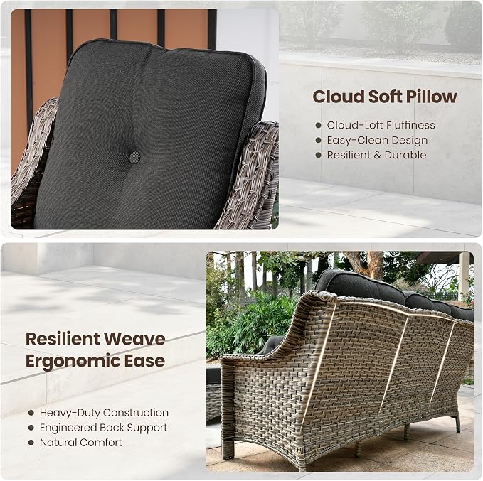 5 PCS Patio Conversation Set, All-Weather Rattan Wicker Outdoor Patio Furniture Sets with High Back Swivel Rocker Chair, Solar Light Coffee Table for Porch,Backyard,Balcony,Black