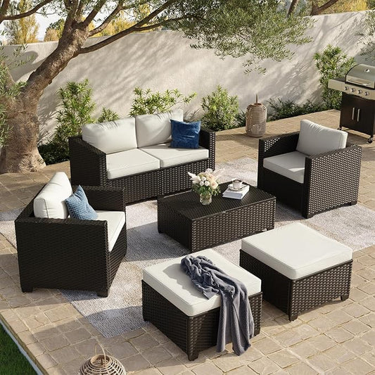 Aoxun 7 Piece Outdoor Patio Furniture Set 6 Seats, Outdoor Sectional with Thick Waterproof Cushions, Patio Conversation Sets for Garden,Backyard, Porch, Deck, Black & Beige