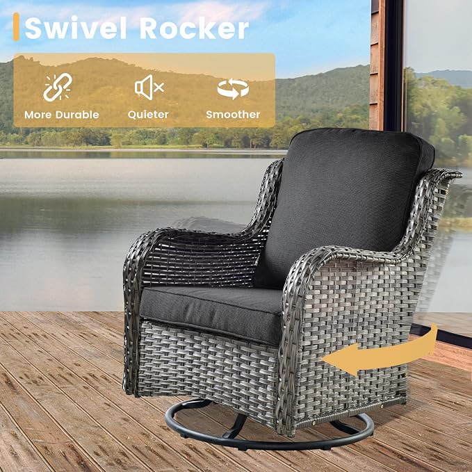 HOOOWOOO Patio Outdoor Sectional Furniture Sofa Set with Swivel Chairs,8 Piece L Shaped Corner Wicker Rattan Couch Set with Glass Table,Modern 6 Persons Summer Patio Conversation Set(Black)