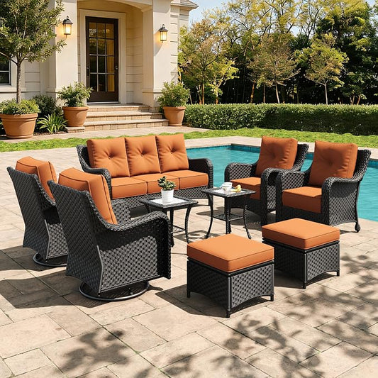 9 Pieces Outdoor Furniture Set with 6-inch Cushions, High Back Wicker Swivel Rocker Chairs with Coffee Table, Luxury Conversation Set for Deck Patio and Poolside