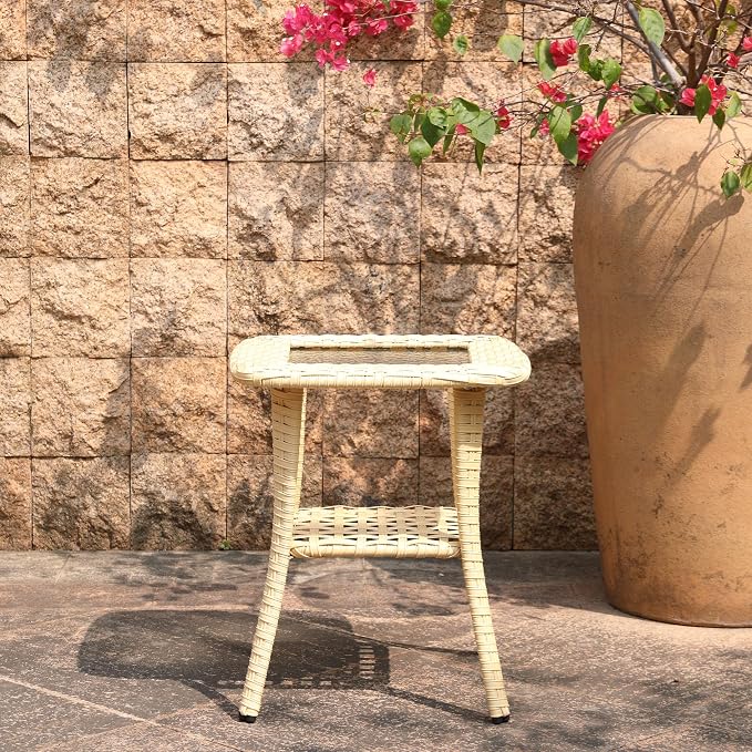 Outdoor Wicker Patio Side Table with Tempered Glass Top, 2-Tier Patio End Table with Storage Shelf, All-Weather PE Rattan Small Patio Table for Balcony, Backyard, Garden, Porch