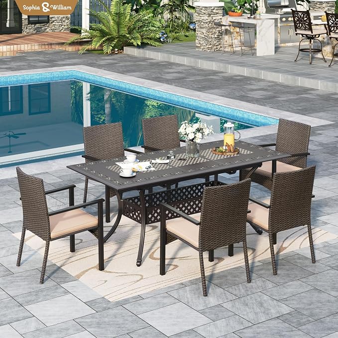 Sophia & William 7pc Patio Dining Set, Cast Aluminum Table, Wicker Chairs | Outdoor Dining Set for 6, Extendable Rectangular Cast Aluminum Patio Table, Perfect for backyard, deck, porch