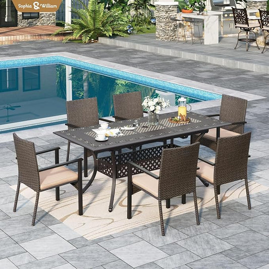 Sophia & William 7pc Patio Dining Set, Cast Aluminum Table, Wicker Chairs | Outdoor Dining Set for 6, Extendable Rectangular Cast Aluminum Patio Table, Perfect for backyard, deck, porch