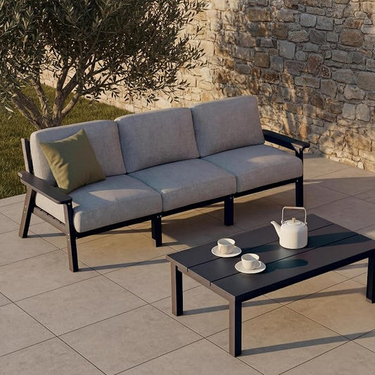 Patio Furniture Set 3 Seats, HDPE Outdoor Sectional with Washable Gray Thick Cushions, Coffee Table & Side Table, Patio Conversation Sets for Lawn, Garden, Porch, Balcony (Black Frame)