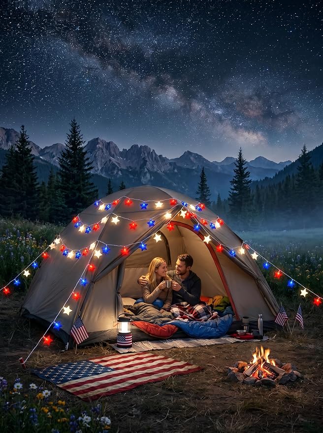12Ft 4th of July String Lights, 20L LED Red White and Blue Star Lights | Plug in for Patriotic Home Porch Mantel Classroom Backyard Tree Decor, Independence Day Decorations, Indoor and Outdoor Use