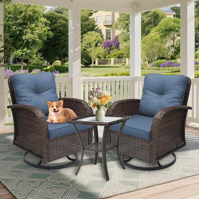 Outdoor Swivel Rocker Patio Chairs 3 Pieces，Swivel Patio Chairs with Cushions，Outdoor Swivel Rocking Chairs Set of 2 with Rattan Side Table，Patio Furniture Set for Outside Porch Deck