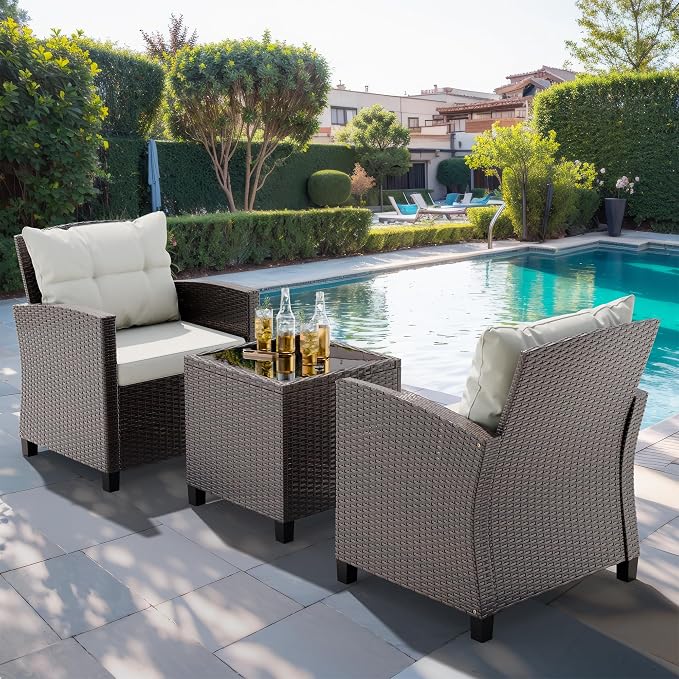 JAMFLY 3 Piece Wicker Patio Furniture Set - Outdoor Rattan Conversation Set with Soft Cushions & Glass Coffee Table for Balcony, Porch, Small Backyard - All Weather Beige Bistro Set, Beige