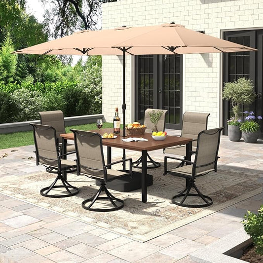Outdoor Dining Set for 6, 8 Pieces Patio Table and Chairs Set with Umbrella, 63" Outdoor Dining Table and Padded Textilene Patio Swivel Chairs for Garden Backyard, Mixed Brown and Walnut