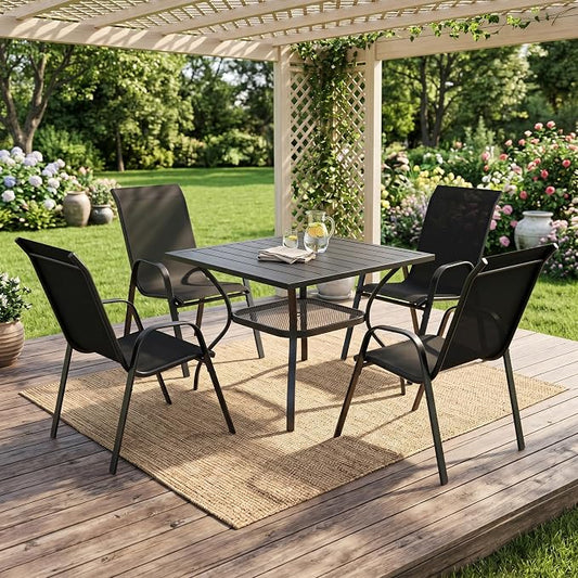 VICLLAX Patio Dining Set for 4, All Weather 5-Piece Patio Set-37.8" Square Outdoor Table and 4 Stackable Chairs for Lawn Garden and Backyard,Black Tabletop