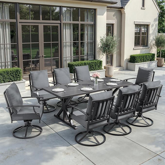 ALAULM 9-Piece Patio Dining Set, Outdoor Metal Dining Set with 8 Swivel Chairs & Rectangle Table with 1.5 Umbrella Hole, Patio Dining Table and Chairs for Backyard, Grey