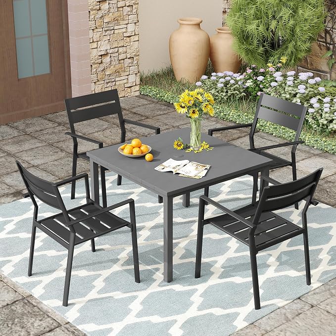 VICLLAX Patio 5 Pieces Outdoor Dining Set for 4, Wrought Iron Metal Outdoor Table and Chairs Set, 40" Square Table with Umbrella Hole and 4 Stackable Chairs for Lawn, Garden, Porch, Dark Grey/Black