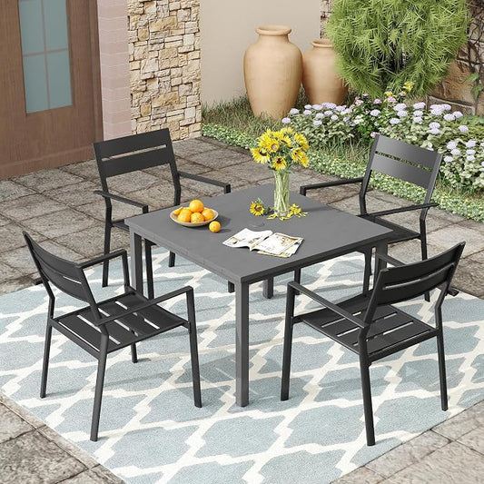 VICLLAX Patio 5 Pieces Outdoor Dining Set for 4, Wrought Iron Metal Outdoor Table and Chairs Set, 40" Square Table with Umbrella Hole and 4 Stackable Chairs for Lawn, Garden, Porch, Dark Grey/Black