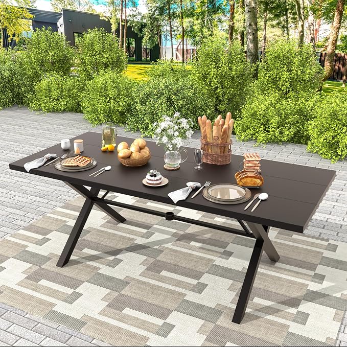 Gotland 9 Piece Outdoor Dining Set, Metal Outdoor Table and Swivel Chairs with X-Shaped Legs 1.5" Umbrella Hole, Patio Furniture Set with Waterproof Cushions, Patio Dining Sets for Backyard Deck Khaki