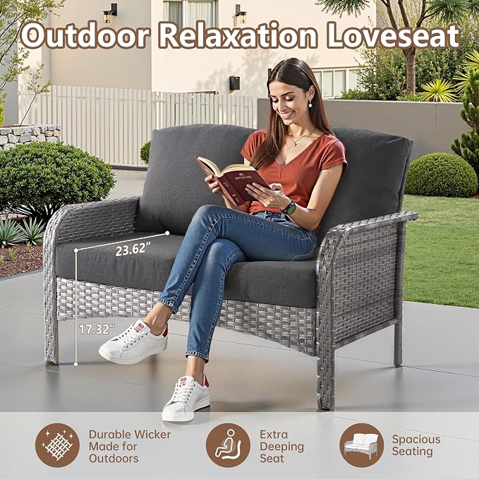 4 PCS Outdoor Patio Furniture Set with Glass Table, All-Weather Rattan Wicker Outdoor Conversation Set with Thickened Cushions for Balcony Backyard Garden Lawn,Black