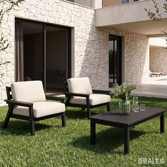 AreShark 3-Piece HDPE Patio Conversation Set, All Weather Outdoor Couch Set with Thick Cushions, Outdoor Sectional Outdoor Sofa Set for Lawn, Deck, Backyard, Black & Grey