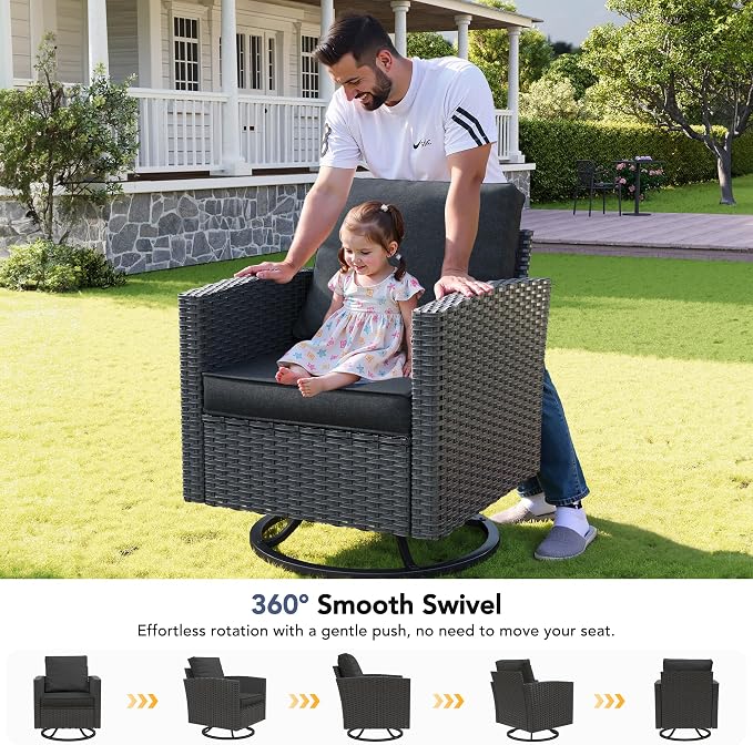 7 Pcs Outdoor Furniture with 44" Fire Pit Table, Rattan Patio Conversation Sets with Swivel Chair, Gas Fire Pit, Ottomans, Side Table, 4" Thick Cushion, for Backyard Garden Deck,Black