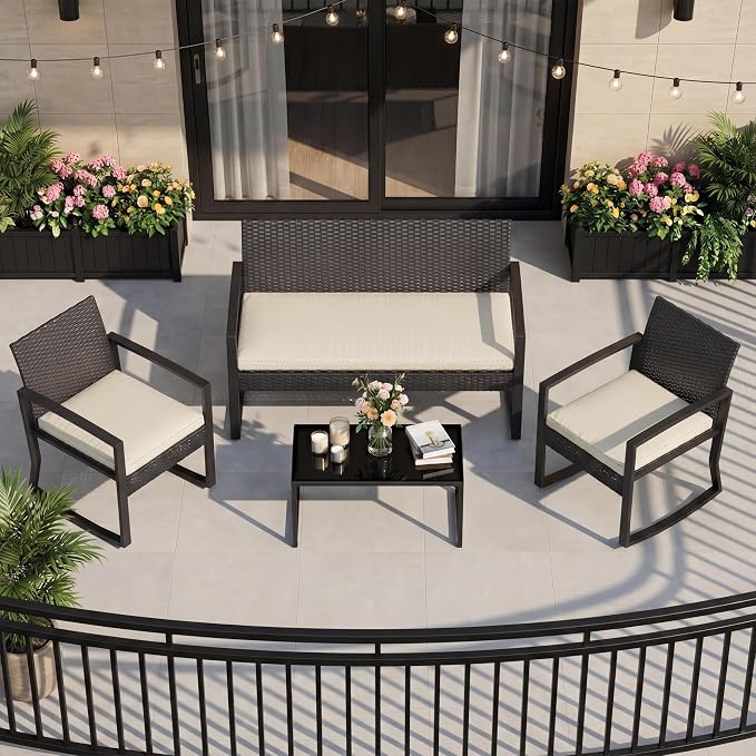 IDEALHOUSE 4 Piece Outside Patio Furniture Set, Outdoor Wicker Rocking Chair Conversation Set with Glass Coffee Table, PE Rattan Patio Furniture for Backyard, Porch, Patio, Poolside