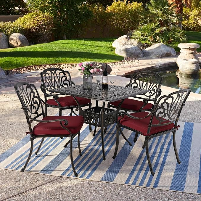 VIVIJASON 5-Piece Outdoor Patio Dining Set, All-Weather Cast Aluminum Conversation Set, Patio Furniture Set for Backyard, Include 4 Cushioned Chairs, a 35.4" Square Table w/Umbrella Hole, Red Cushion