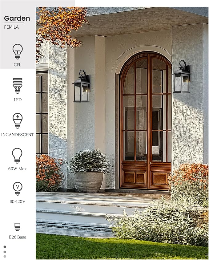 FEMILA Dusk to Dawn Outdoor Wall Sconce, 15" Matte Black Seeded Glass Outdoor Sconce Lights, Front Porch Light Fixtures Wall Mount, Garage Lights for Patio, Entryway, Garden, 4FD54B-PC BK