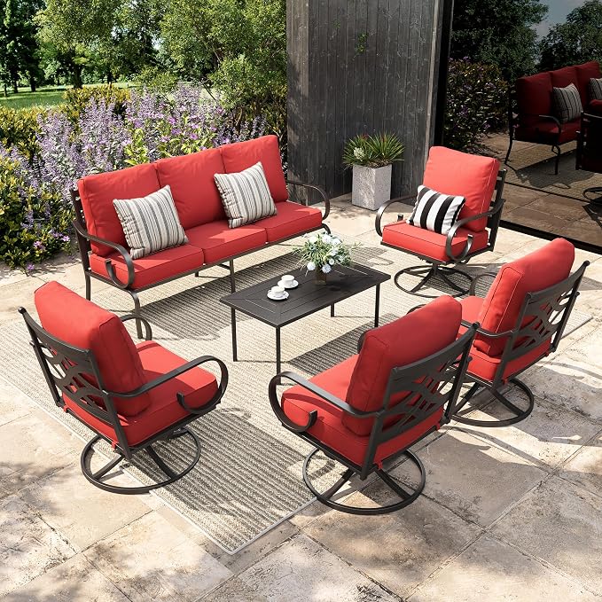 Sophia & William Patio Conversation Set for 7, 3-Seater Sofa, 4 Swivel Chairs and a Coffee Table, Metal Outdoor Furniture with 5.75" Extra Thick Cushions, Red