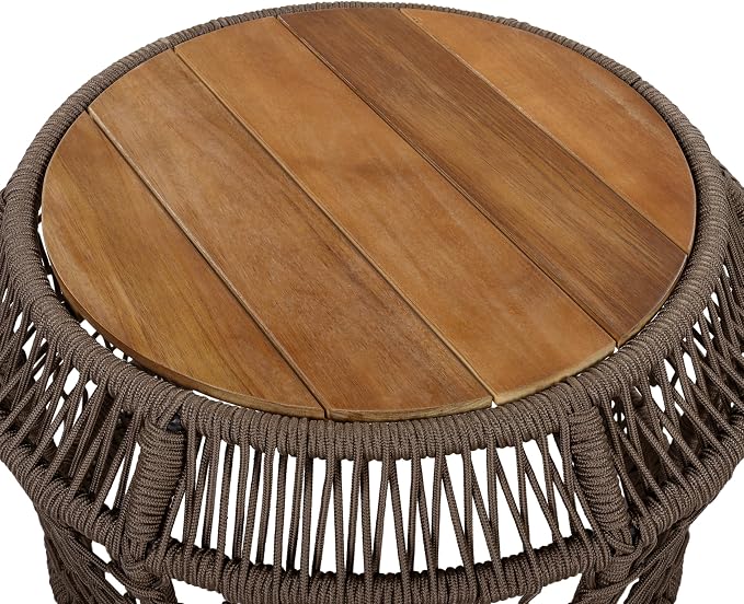 Outdoor Side Table with Grey Rope Frame, Patio Side Tables for Outside, Round Acacia Wood Outdoor End Table for Poolside Backyard Gazebo,No Assembly Required