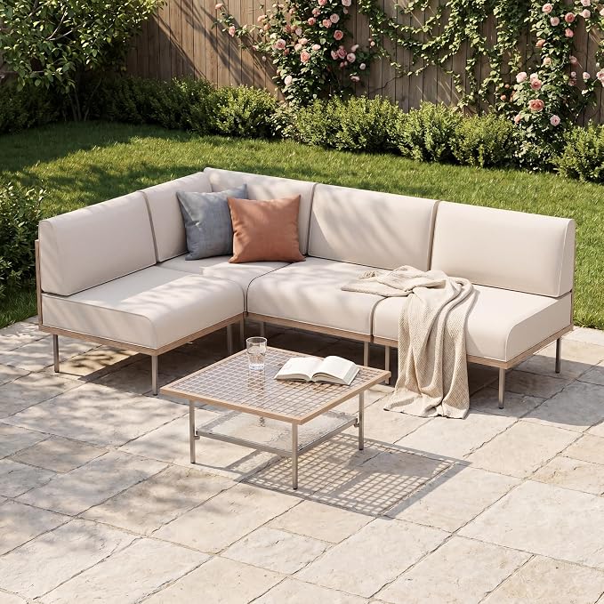 LAUSAINT HOME 5-Piece Outdoor Patio Furniture Set, Wicker Outdoor Conversation Set PE Rattan Sectional Sofa with Washable Cushions and Tempered Glass Table for Garden (Beige)